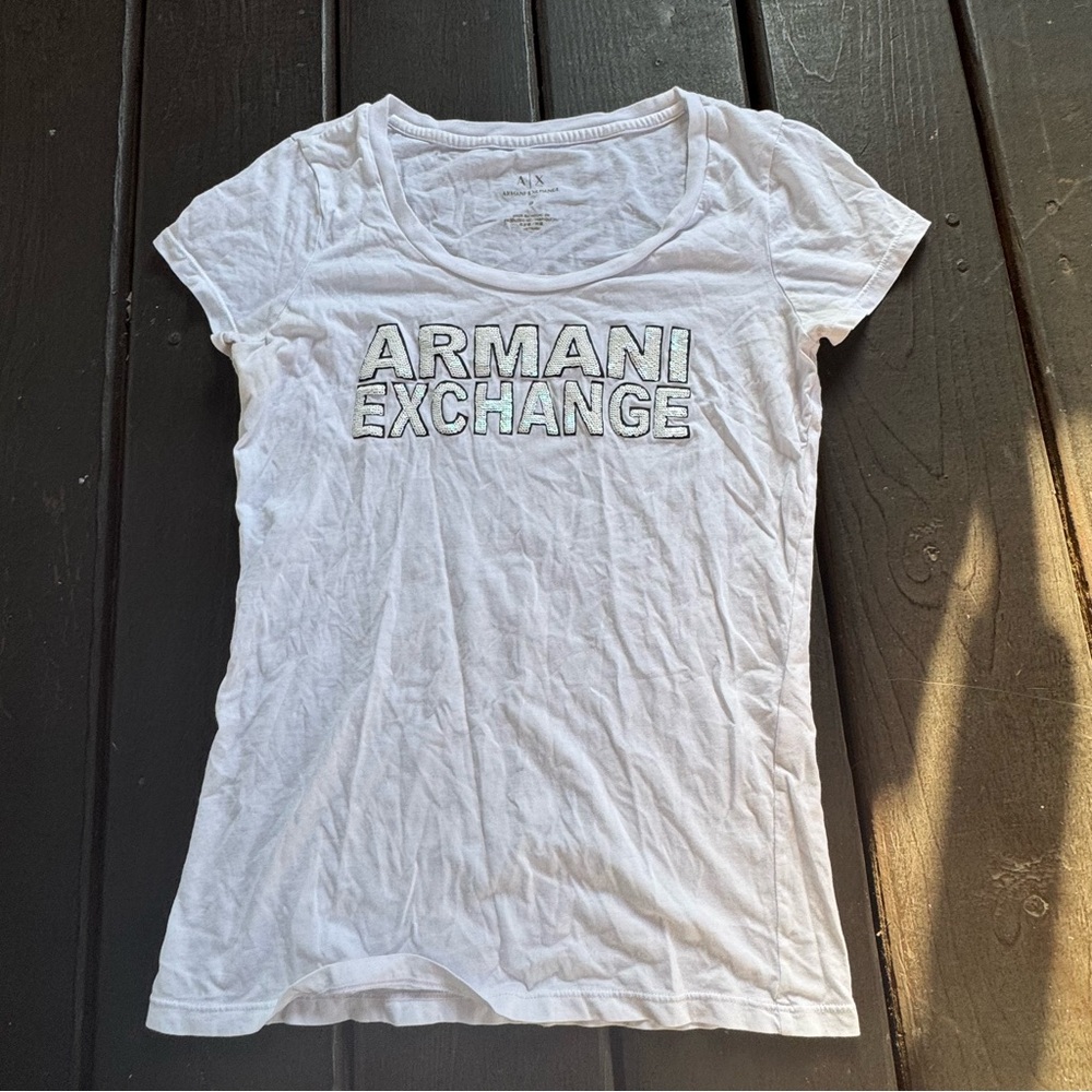 Armani Exchange White Sequin Women's Short Sleeve Top NWOT Size S‎